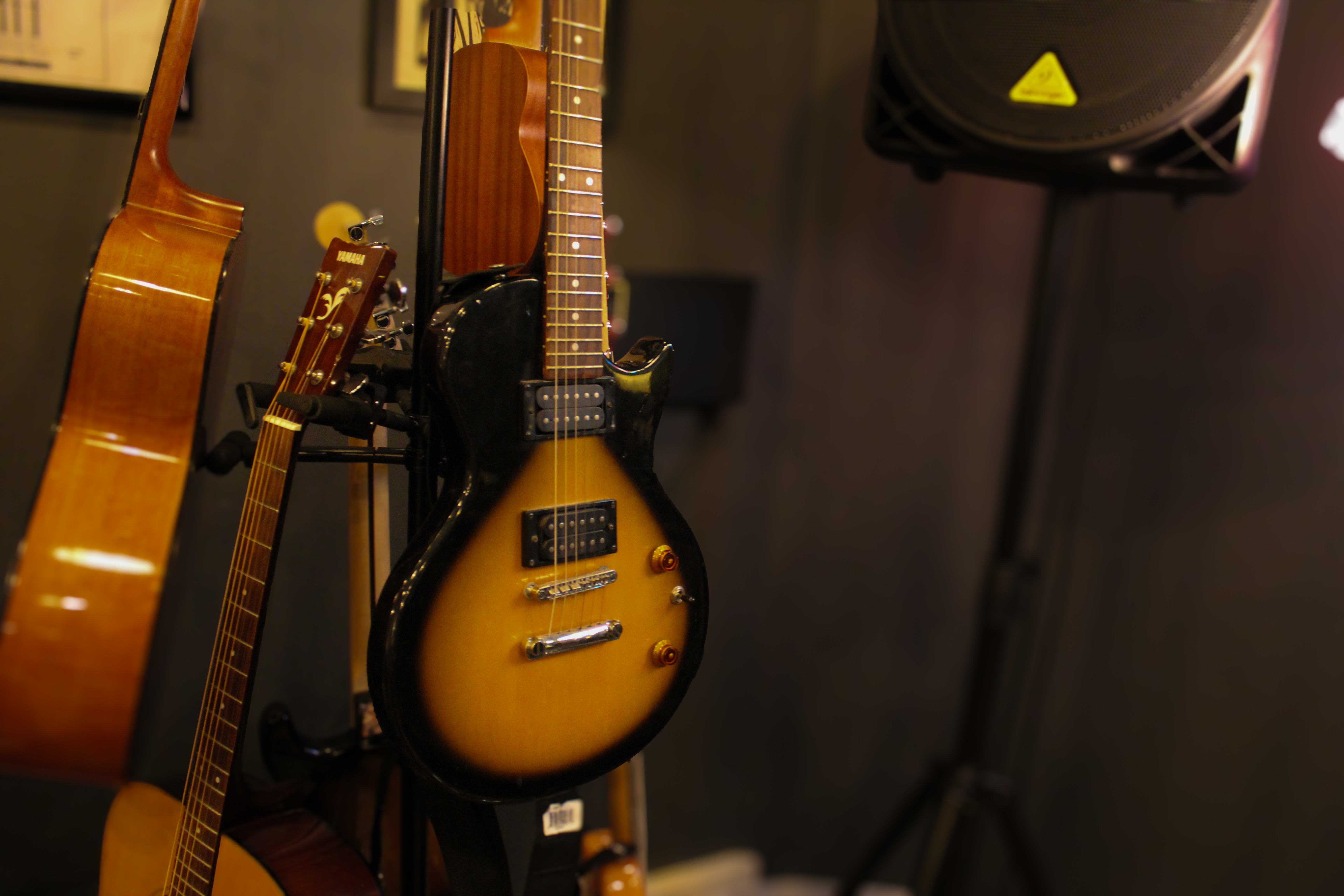 A sunburst electric and acoustic guitars on a stand beside a house speaker