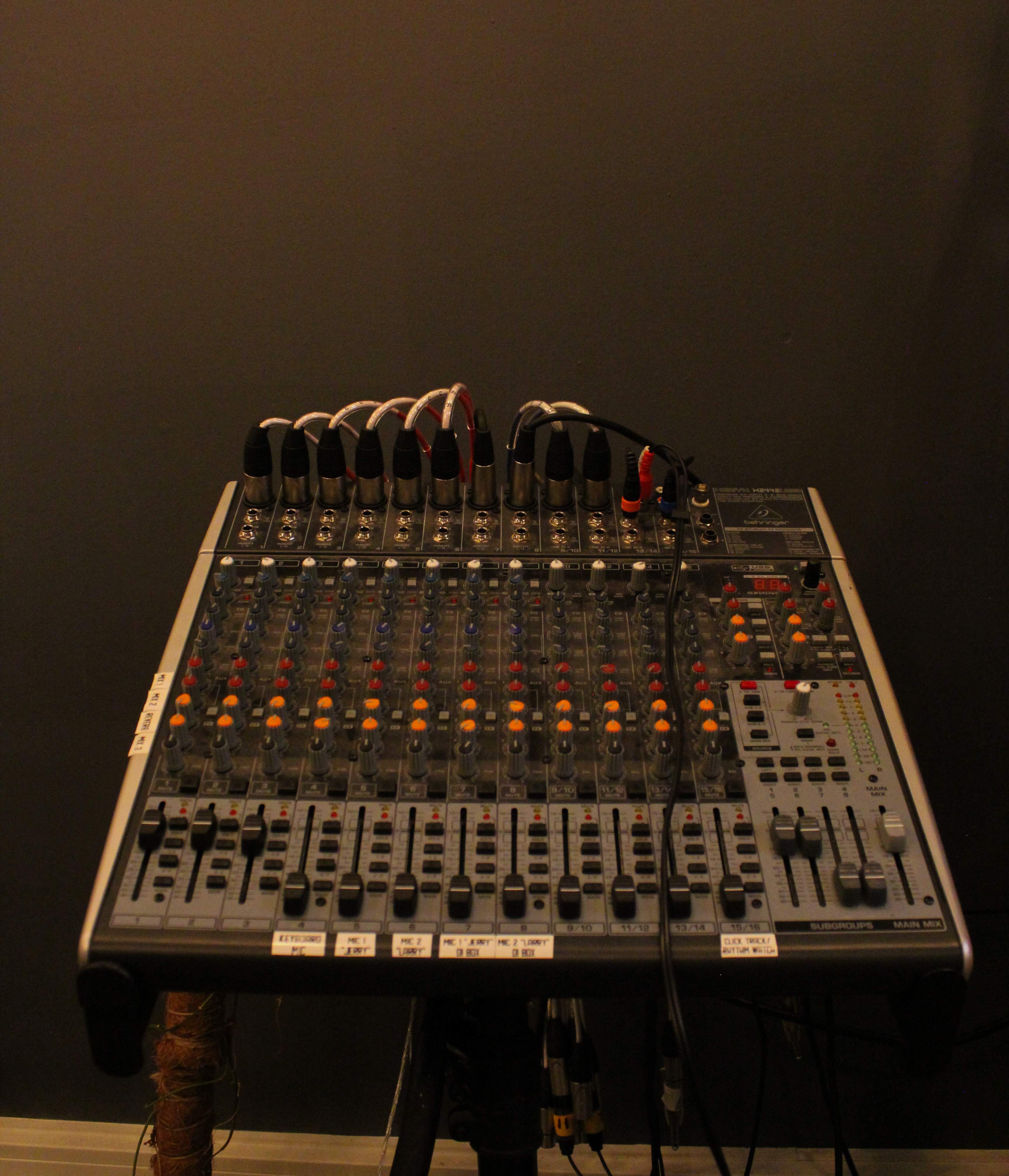 The house Behringer Xenyx mixing console with every channel labeled and patched