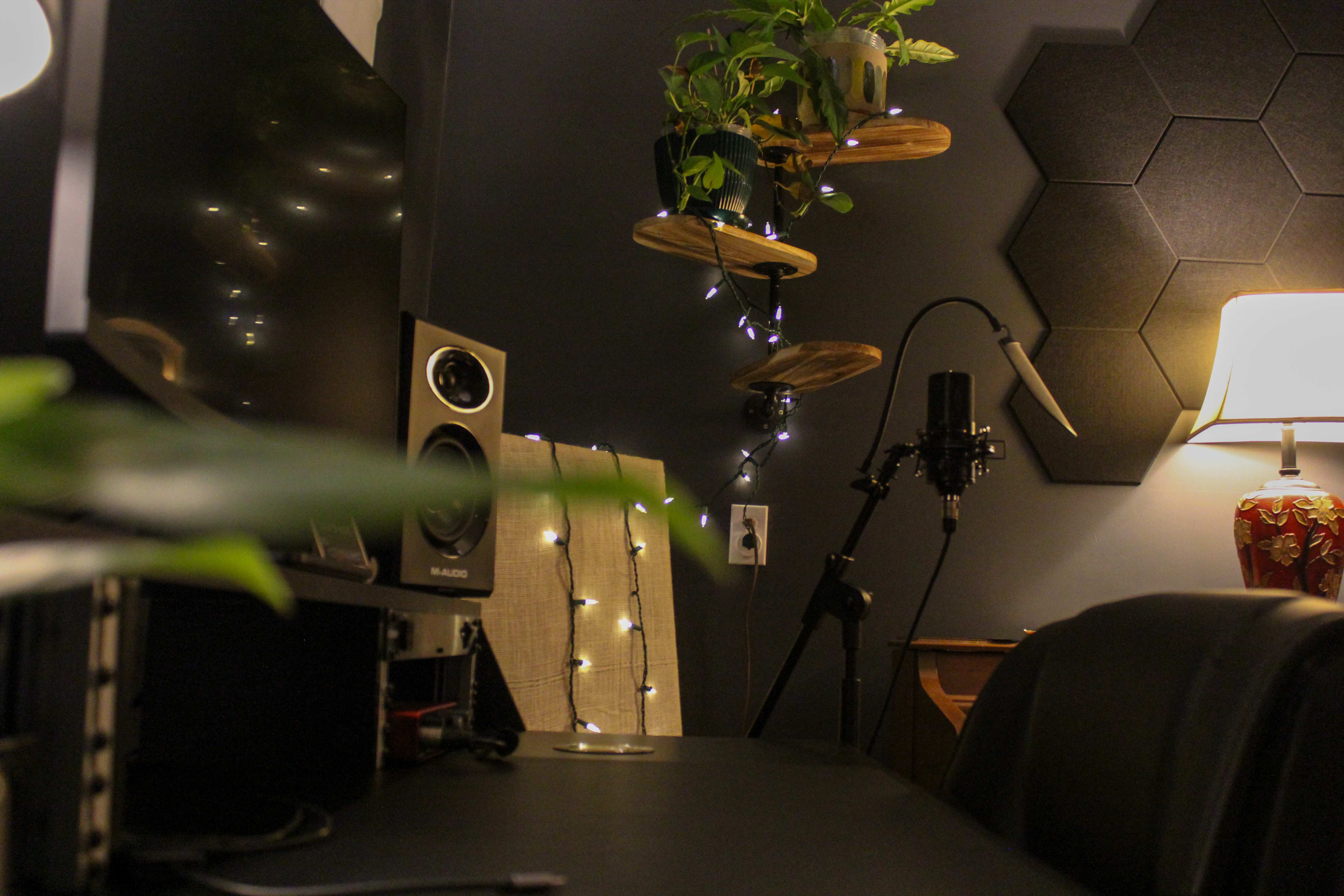 An M-Audio studio monitor tucked into a plant-filled corner with string lights and a warm lamp